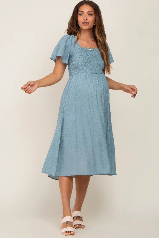 Asymmetrical DressLight Blue Smocked Square Neck Flutter Short Sleeve Maternity Midi Dress