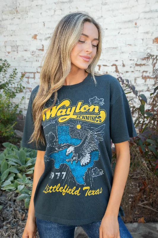 Embroidered T-ShirtsWaylon Jennings Littlefield TX Tee, Vintage Black | Daydreamer