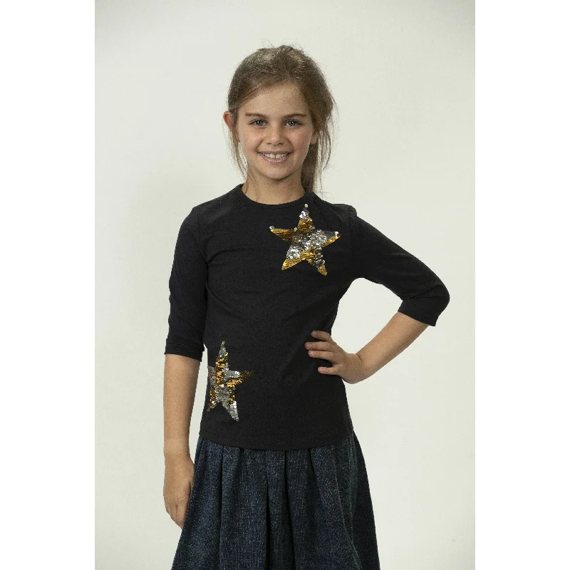 Oversized T-ShirtsGirls Navy Tee With Metallic Sequin Stars DS2077A