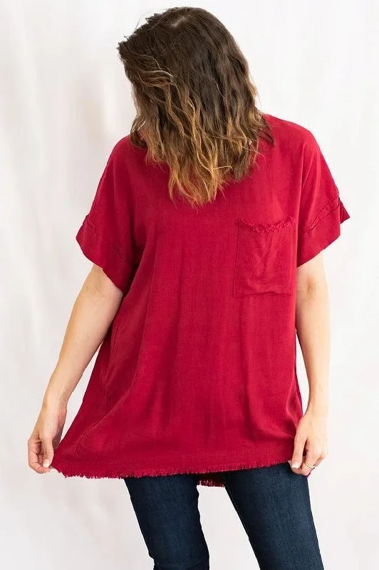 Casual T-ShirtsLinen Blend Fringe Hem Pocket Tee with Cuffed Sleeves by Umgee Clothing