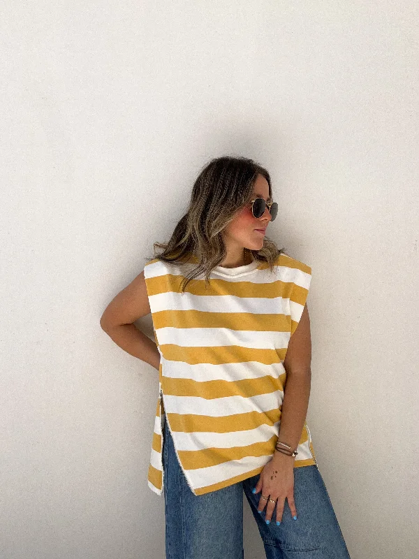 Studded T-ShirtsYellow Zipper Striped Tee